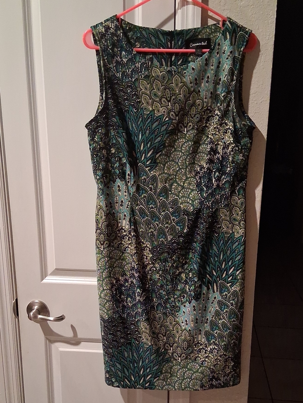 connected apparel Teal and Green Patterned Sleeveless Sheath Dress